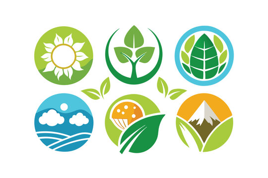 Set logo nature vector white background green plant earth globe leaves roots