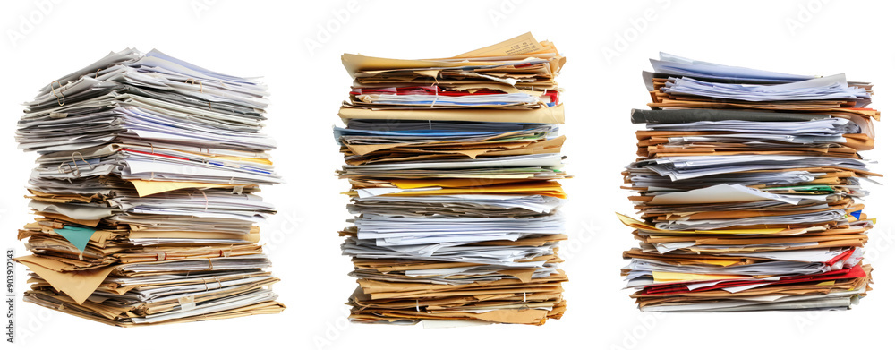 Fototapete set of three different stack of papers documents work transparent background