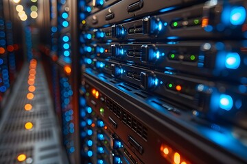 Modern Server Room with High-Tech Network Equipment and Blinking LEDs for IT Infrastructure and Data Management