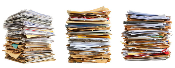 set of three different stack of papers documents work transparent background