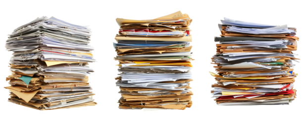 set of three different stack of papers documents work transparent background