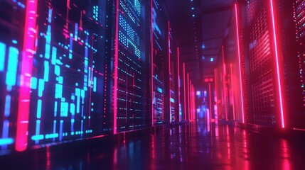 Digital Symphony Futuristic Server Room with Dynamic Bar Graph Racks and Financial Data LED Lights