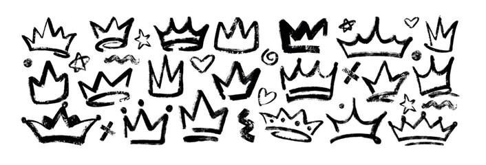 Vector hand drawn crowns isolated on white background. Black ink graffiti king or prince diadem. Charcoal pencil princess tiara and star. Royal queen medieval crayon head accessories in grunge texture