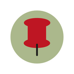 Pushpin icon vector. Red thumbtack image. Light green circle background. Office supply symbol.