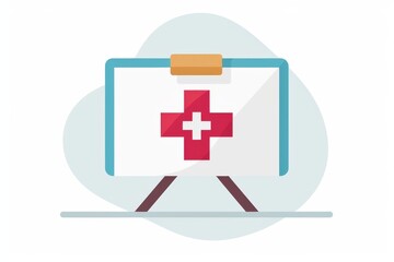 Obraz premium Minimalistic icon of a presentation board with a red medical cross on a stand set against a light blue background.