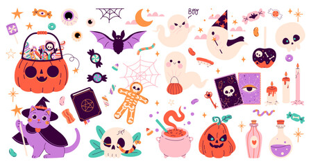 Fototapeta premium Happy Halloween stickers. Cute set of mascots pumpkin head, black cat, skeleton, ghost, eyes, bat, Halloween sweets and candies. Happy Halloween, trick or treat. Vector illustration in flat style