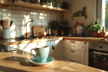 Cozy Pastel-Toned Kitchen Ready for a Warm Beverage Break  