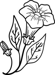 Line art hand drawn flower. Flower with leaves sketch thin line outline illustration 