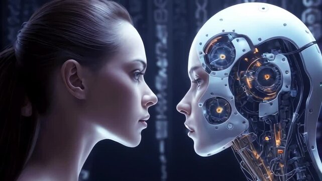 woman and robot look face to face
