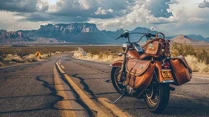 Vintage Motorcycle Adventure Leather Saddlebag on Route 66 Embracing the Freedom of the Open Road