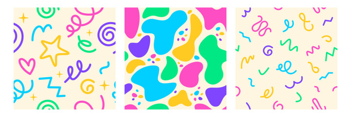 Set of seamless patterns of liquid organic shapes, irregular forms or abstract squiggles in vibrant colors. Square posters of hand drawn squiggly lines, doodle objects, paint blobs and freeform figure