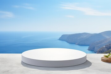 A sleek white podium stands against a stunning coastal view of mountains and a clear blue ocean, ideal for presentations or displays that engage the audience and inspire creativity