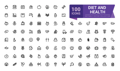 Diet And Health icon collection. Set of line icons related to wellness, wellbeing, healthcare, medical. Minimalist linear web ui icon set. Simple editable vector stroke illustration.