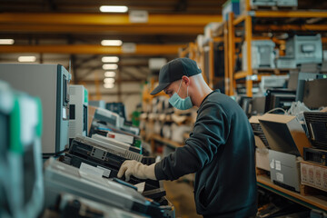 A specialized facility handling electronic waste, with workers dismantling old electronics and sorting components for recycling, showcasing the safe disposal of e-waste