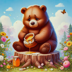 Sad cartoon teddy bear sitting in the forest on a clearing