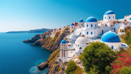 A charming coastal village with whitewashed buildings and blue-domed churches, set against a vast, clear sky.

