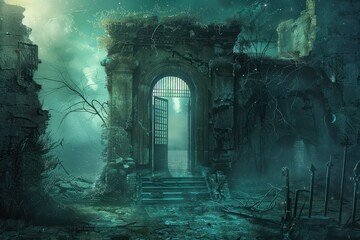 Mysterious overgrown ruins of an ancient forgotten castle gate with bright moonlight shining through