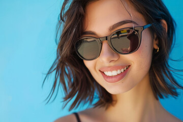Naklejka premium Close up shot of stylish young woman in sunglasses smiling against blue background.