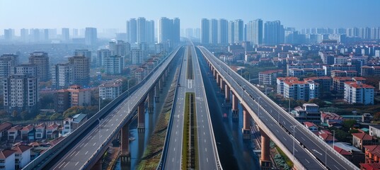Obraz premium Highway overpass with cityscape building. Generative AI technology. 
