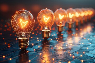 A glowing light bulb with abstract lines representing ideas, multiple bulbs showing various thoughts, a single bulb illuminating in a dark room