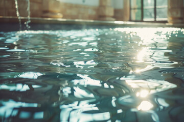 Calm water in pool with sunlight. The concept of peace and relaxation.