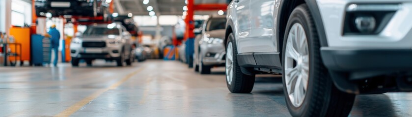 Fototapeta premium A busy automotive workshop showcasing vehicles under maintenance in a well-lit garage environment.