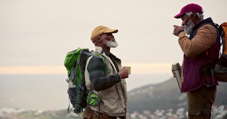 Hiking, toast and black men with coffee for summer vacation, climbing and mountain trekking. Thermos, adventure and Mature guys in nature for exercise, travel and retirement hobby for memory together