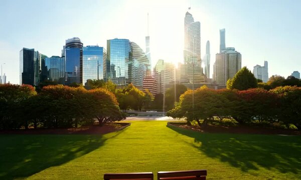 "Empty Park Benches Facing Each Other in a Lush City Park with Modern Cityscape"