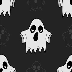 Seamless vector pattern with spooky and cute ghost illustrations isolated on black background for Halloween