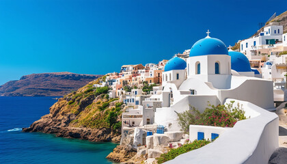 A charming coastal village with whitewashed buildings and blue-domed churches, set against a vast, clear sky.
