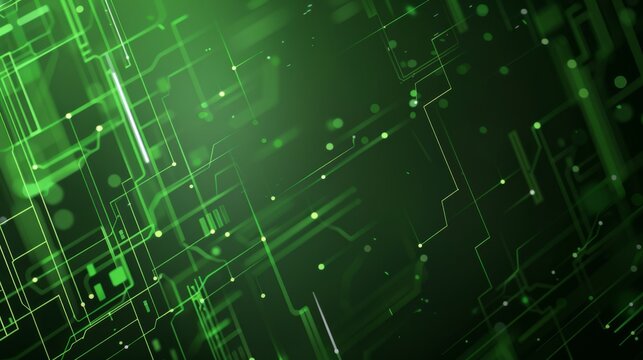 Dynamic green digital circuit background for tech and futuristic media with related keywords describing its design