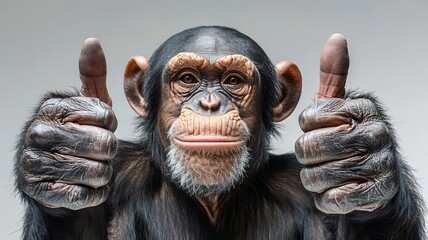 A monkey giving a thumbsup gesture, expressing approval or agreement, set against a white background