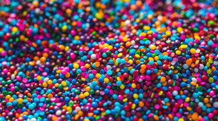 A colorful image of many small, round shapes. The shapes are of different colors and sizes, and they are scattered throughout the image. Scene is vibrant and lively, with the colors