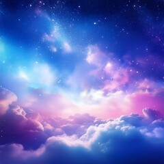 A heavenly clear sky of bright blues, purples, and pinks with ethereal, misty fluffy clouds with sparkles and copy space