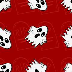 Seamless vector pattern with spooky and cute ghost illustrations isolated on red background for Halloween