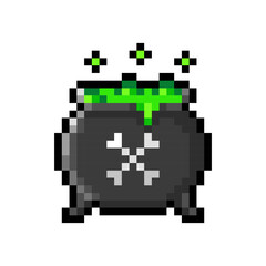 Witch cauldron with bubbling green liquid isolated on transparent background. Pot with boiling magic potion icon. Halloween decoration. Vector pixel art illustration in 16 bit old style.