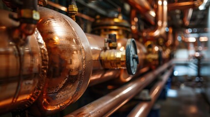 A copper pipeline of a heating system in a boiler room highlighting plumbing services