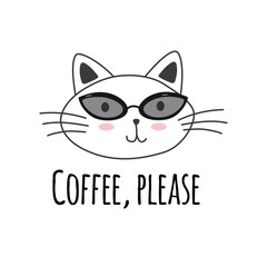 Cute cats in sunglasses with coffee, please words. Characters, stickers, t-shirt designs.