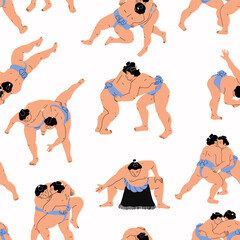 A seamless pattern made with sumo wrestlers in minimal art style. Traditional japanese sport.