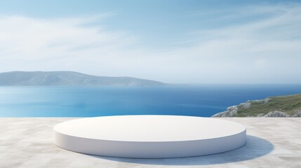 A beautifully designed modern round podium is set against a breathtaking ocean view, making it the ideal location for presentations and events in a tranquil and peaceful natural setting