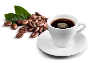 Cup of hot tasty coffee and coffee beans