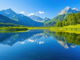 Fototapeta premium Stunning mountain landscape reflected in crystal clear lake with lush green shoreline