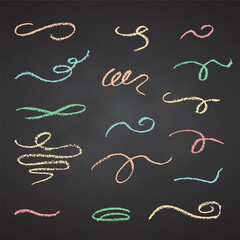 Charcoal pencil hand drawing curly lines. Swishes, swashes, swoops, swooshes, scribbles and squiggles Color chalk elements on Black chalkboard Grunge crayon doodles texture stroke Vector illustration