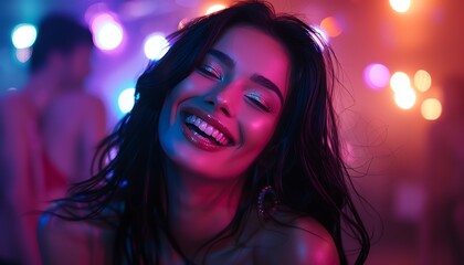 Naklejka premium Attractive woman with long black hair, laughing and dancing in dark neon lights, minimalistic backdrop