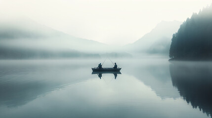 Two fishermen in a boat on a misty lake surrounded by forested mountains at sunrise. Design for nature photography, poster, and landscape. Panoramic view with copy space