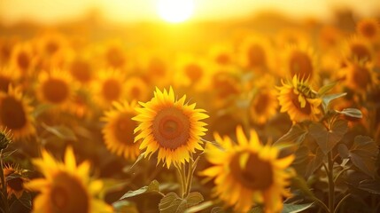 A field of sunflowers with the sun setting in the background,Sunflowers in a golden field, creating a bright and warm natural background ,Sunflower field at sunset in summer,Sunflowers blooming