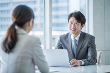 Fototapeta premium オフィスで顧客と打ち合わせをする日本の保険代理店 