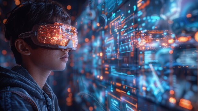 Futuristic classroom with holographic displays, Schoolboy with VR headset, interactive learning technologies and utilizing AI machine learning technologies.