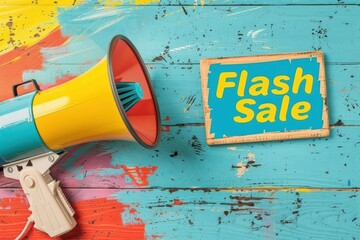 Megaphone announcing flash sale with sign on colorful wooden background