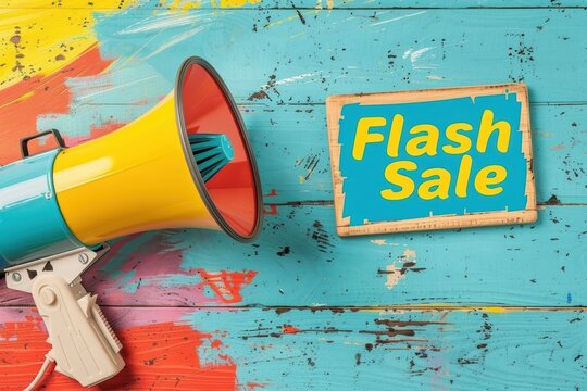 Megaphone announcing flash sale with sign on colorful wooden background